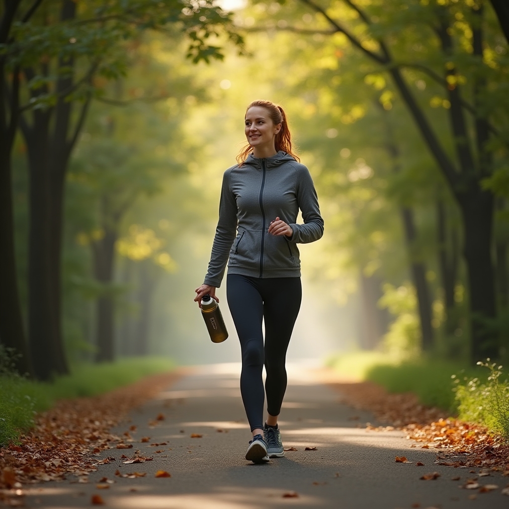 Person walking outdoors in morning light on a tree-lined path with a water bottle, representing daily movement habits