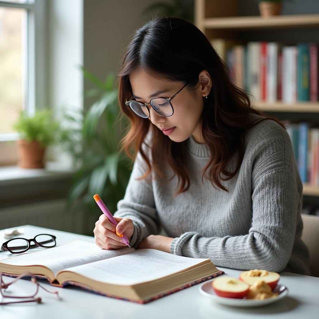 Person reading nutrition research materials at a well-lit desk with notes and healthy snacks nearby